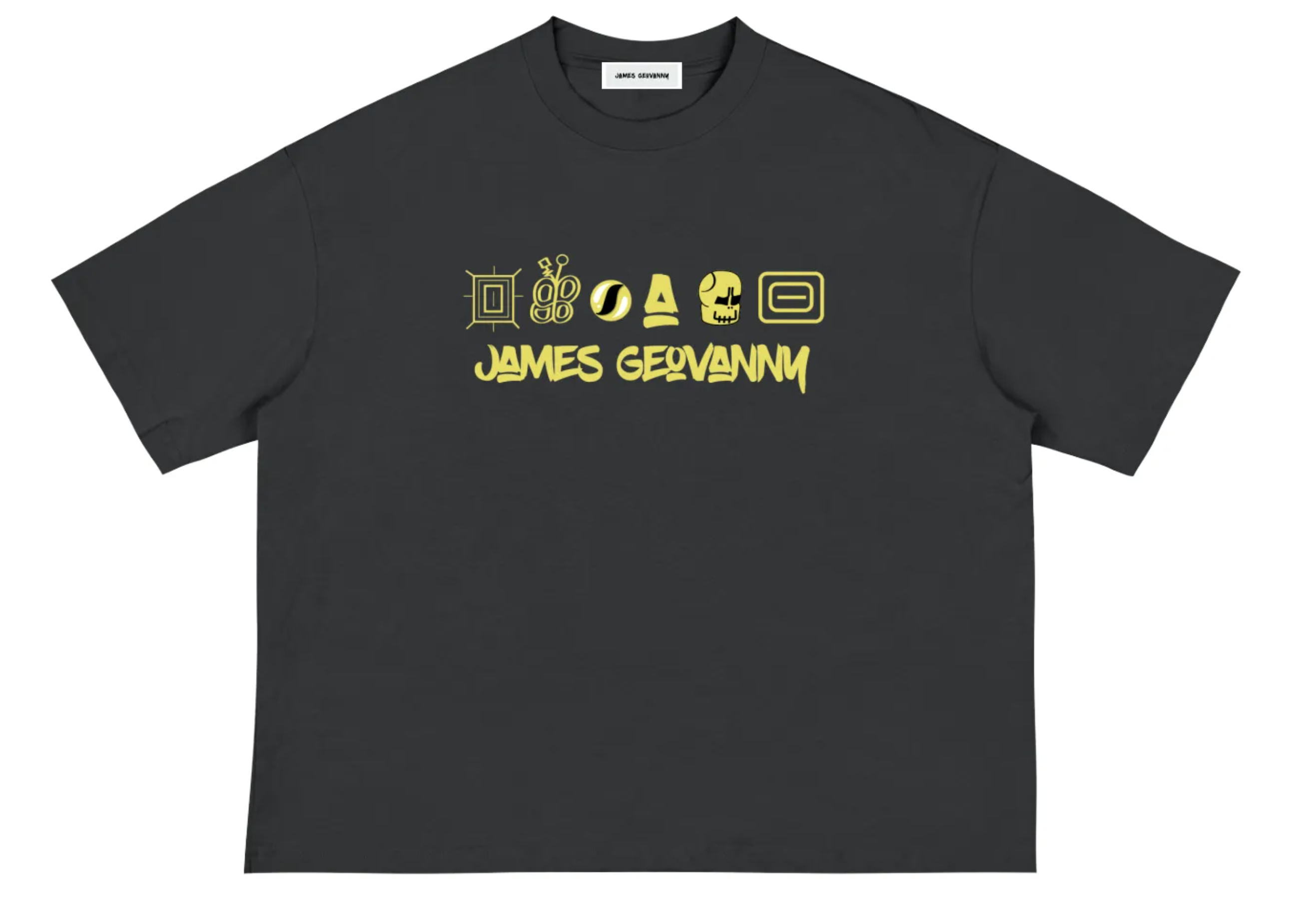Assets charcoal James Geovanny shirt with yellow symbols and wordmark